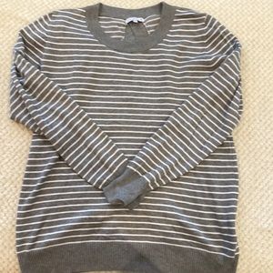 Gray and white striped light weight sweater with keyhole back detail